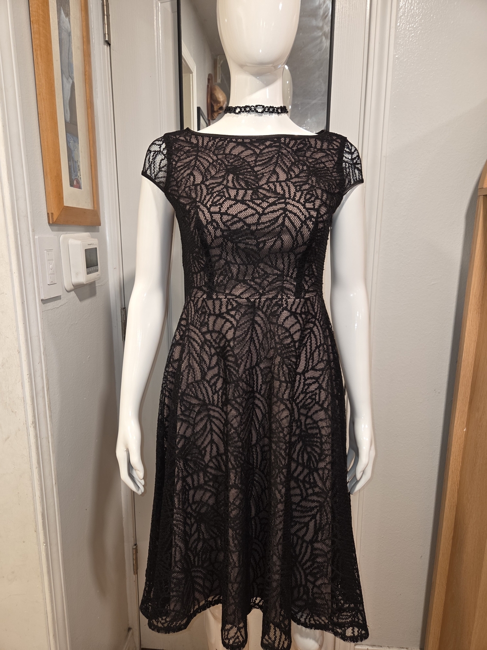 Black Label Elegant Black Lace Fit-and-Flare Dress with Nude Lining Sz 2